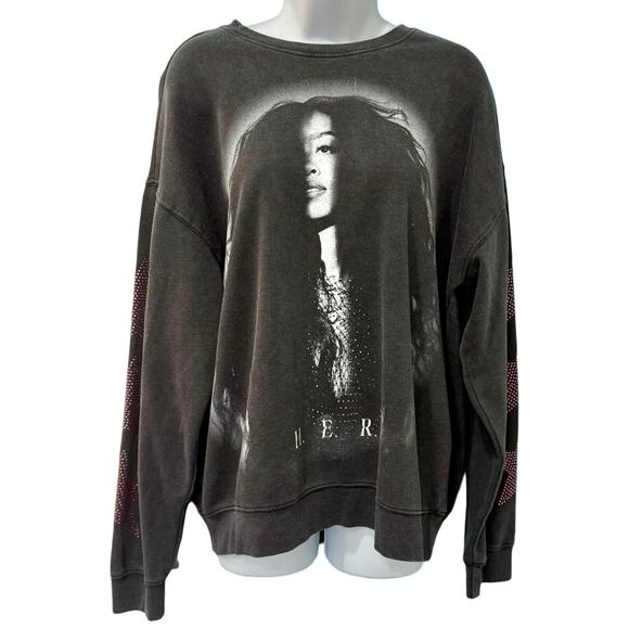 H.E.R. HER Charcoal Gray Pink Star Rhinestone Crew Neck Oversize Sweatshirt sz S - Picture 1 of 8